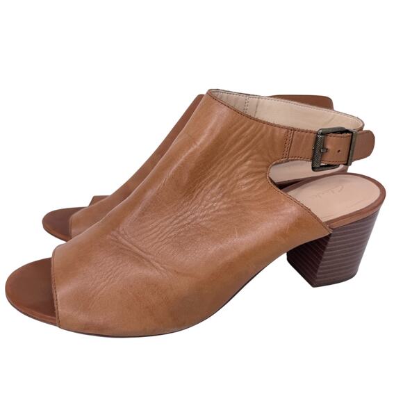 Clarks Deloria Gia Sandal Women's 11 M Tan Leather Block Heel Slingback Buckle‎ - Picture 2 of 12